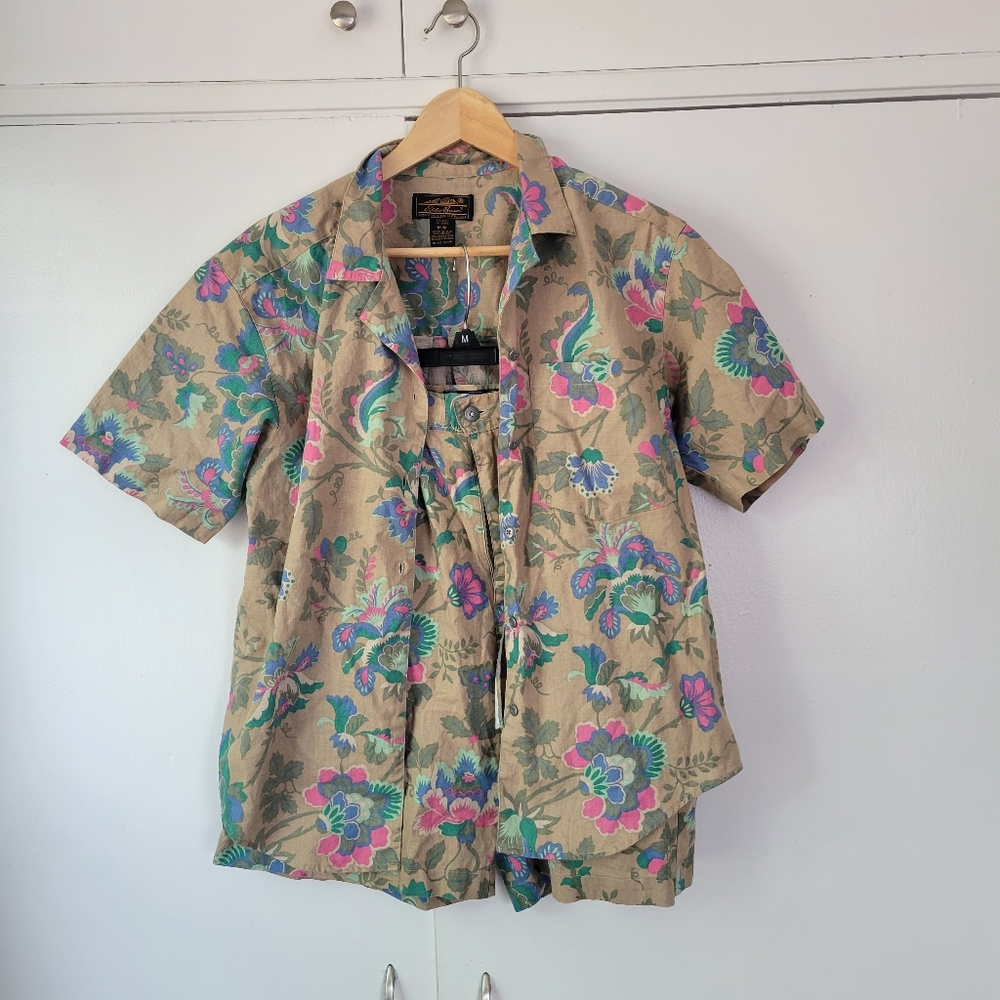Floral Short-Sleeve Coat in Taupe with Pink & Teal Accents